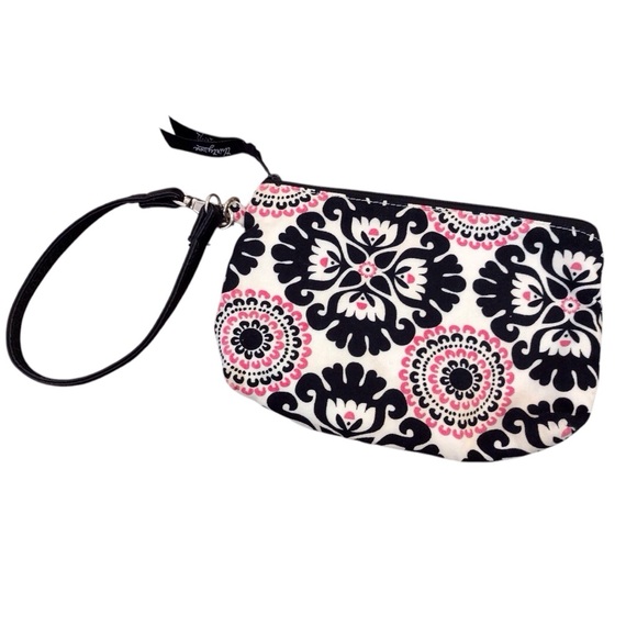 THIRTY ONE Cosmetic Makeup Zip Bag Pouch Wristlet Strap White Pink Black Mandala - Picture 1 of 11